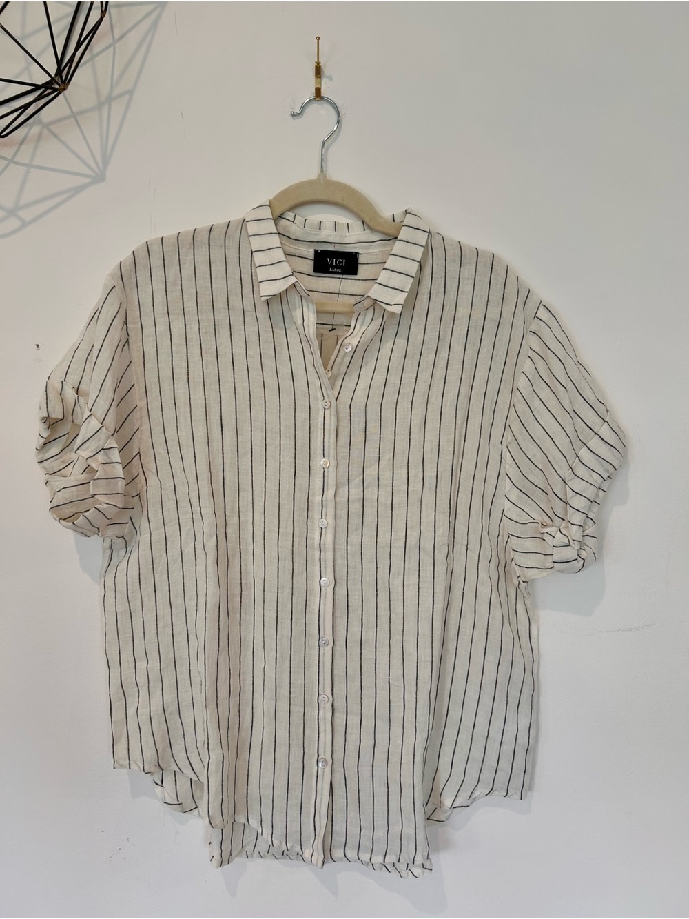 VICI Oversized Striped 100% Linen Button-Down Shirt- Size L
